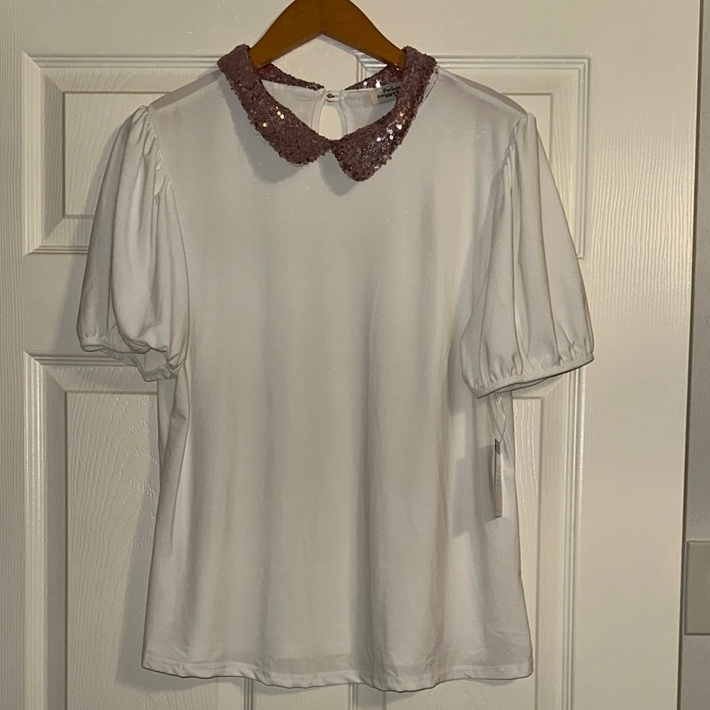 Elegant White Top with Sequin Collar